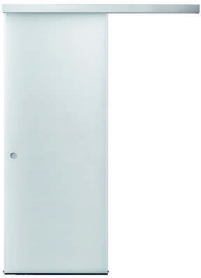 Portalacasa Matrix Bianco: scorrevole esterno muro su binario. Immagine ufficiale dell'apertura dal catalogo.