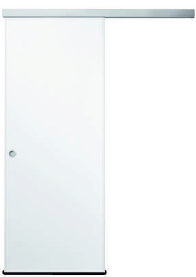 Portalacasa Quadra Bianco Micro: scorrevole esterno muro su binario. Immagine ufficiale dell'apertura dal catalogo.
