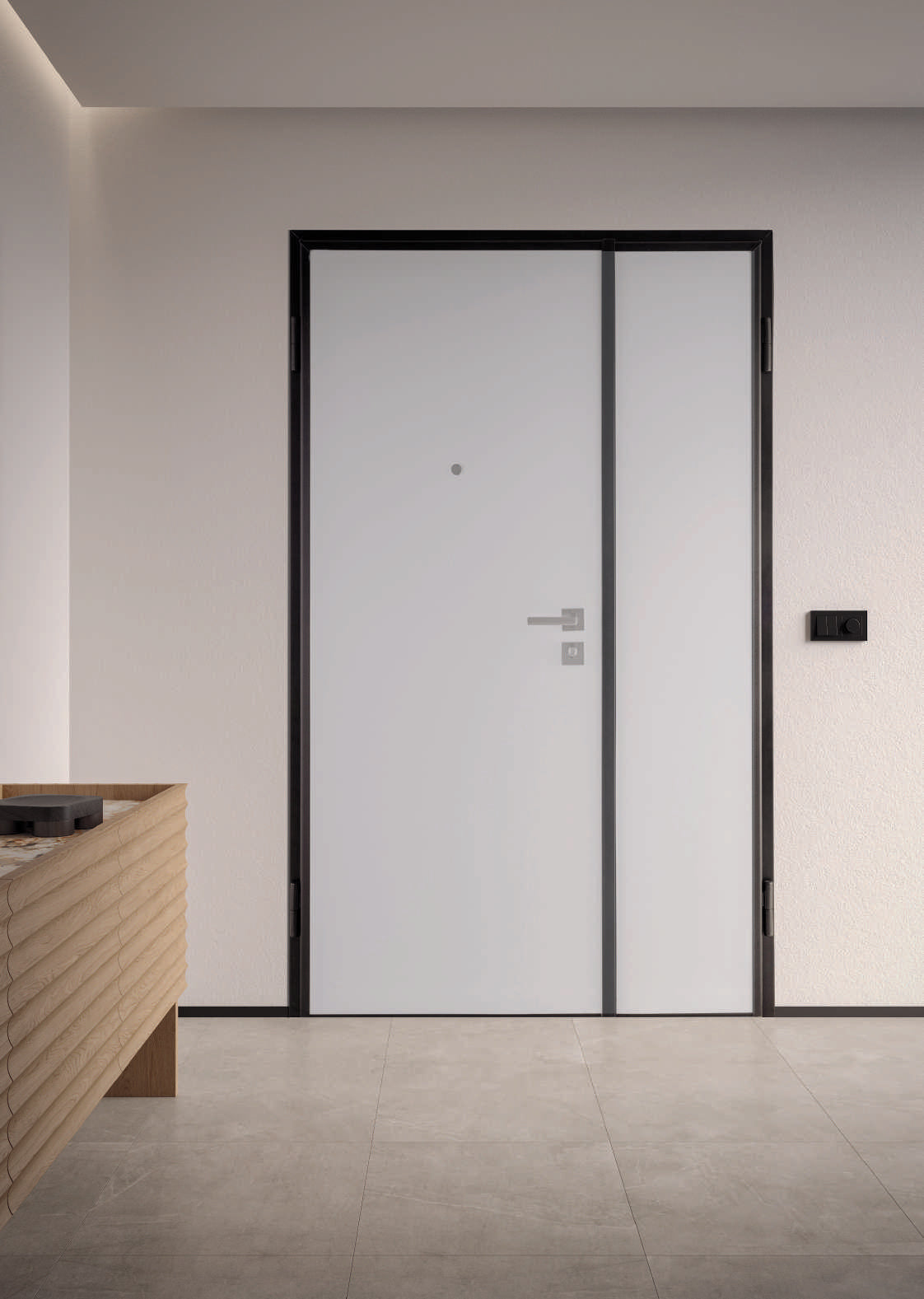 Ambientazione Portalacasa Sicura DB Black con rivestimento interno Bianco Laccato e maniglieria Quadra opzionale.