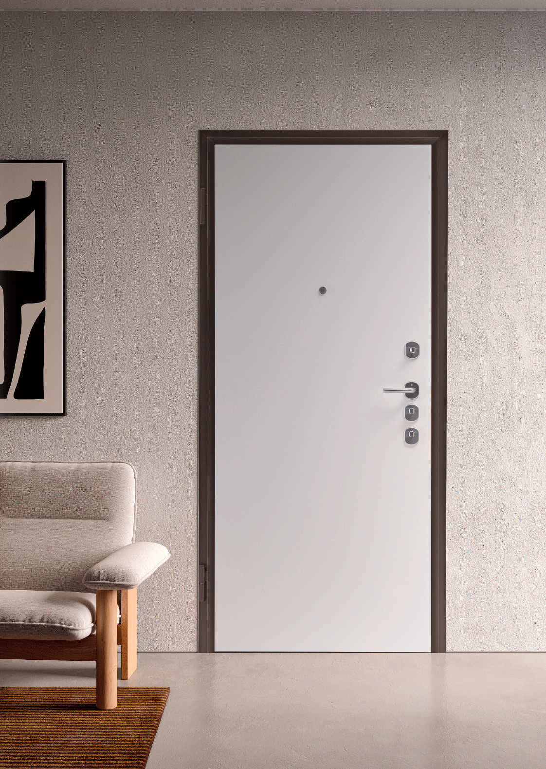 Ambientazione Portalacasa Sicura MI Pro, telaio marrone opaco e rivestimento interno Bianco Micro.