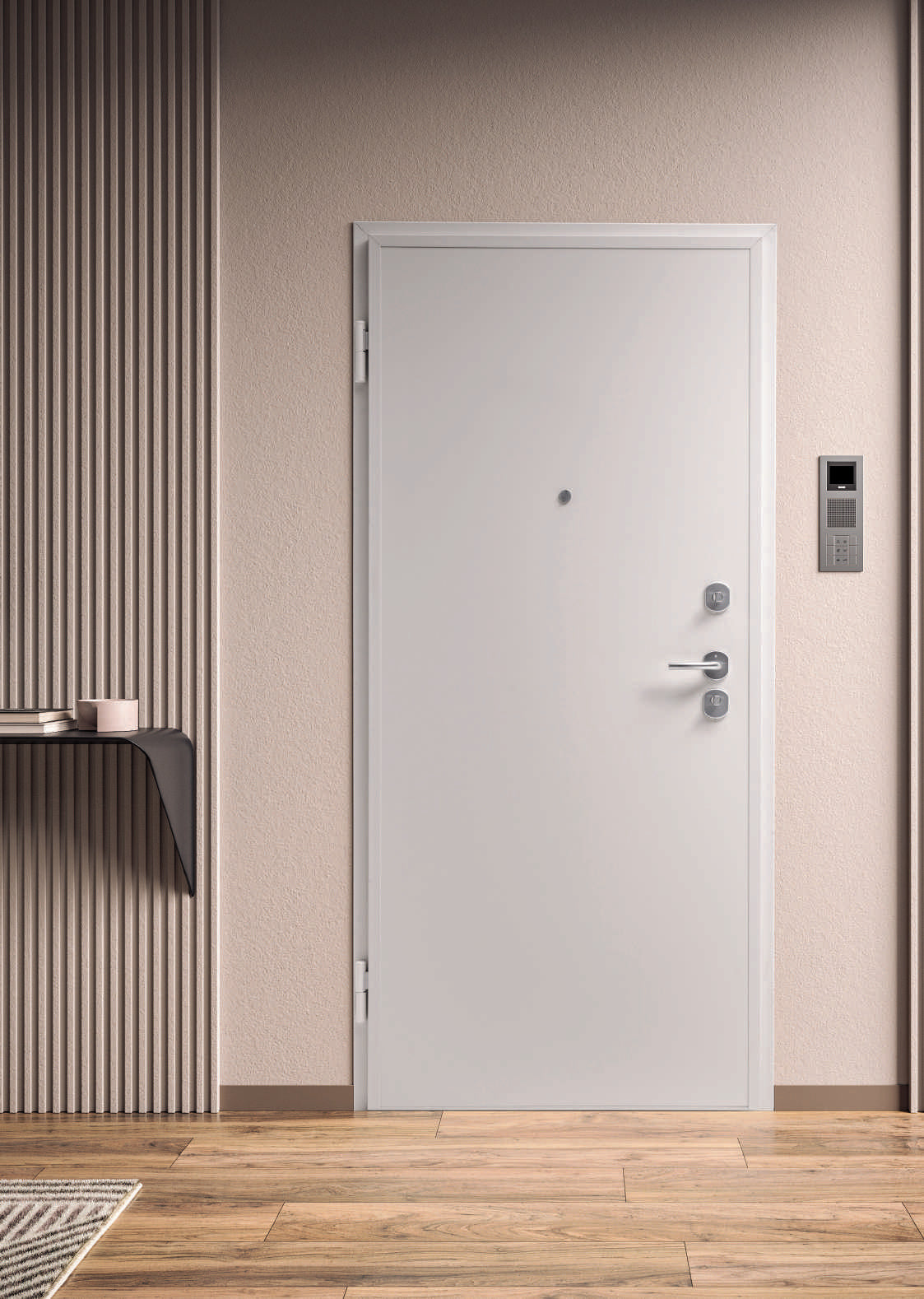 Ambientazione Portalacasa Sicura White Pro con rivestimento interno Bianco HD, allestimento fotografato del catalogo.