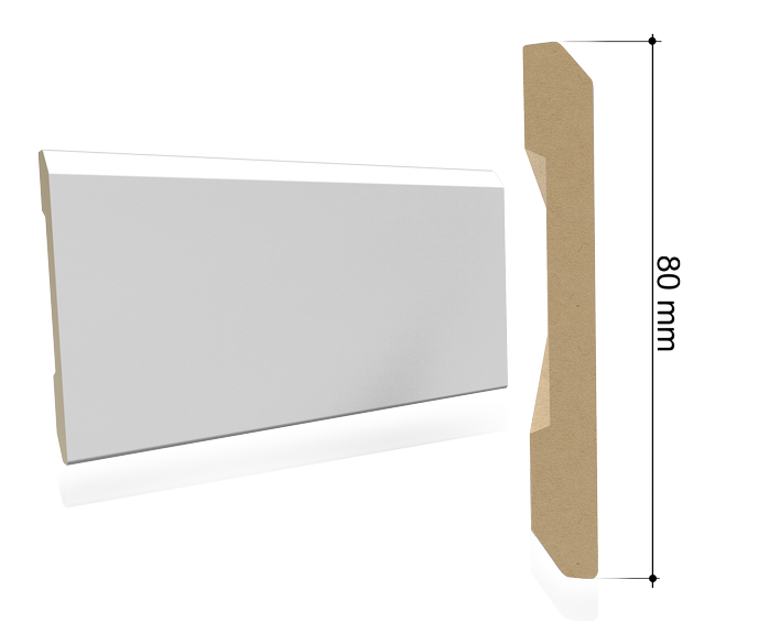 Profilo battiscopa B8 Portalacasa da 80 mm, illustrato in bianco. La finitura acquistata è quella selezionata.