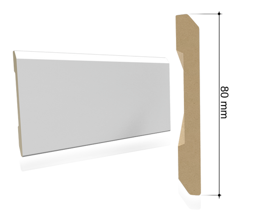 Profilo battiscopa B8 Portalacasa da 80 mm, illustrato in bianco. La finitura acquistata è quella selezionata.