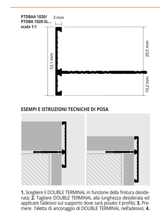 Double Terminal Alluminio anodizzato argento - profilo tecnico