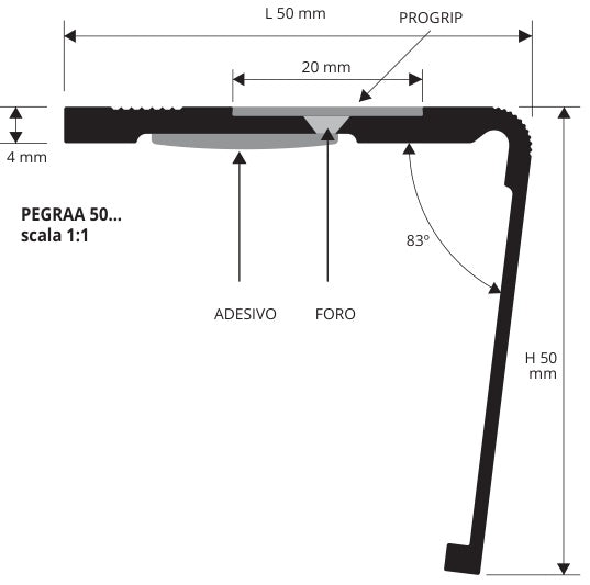 Proend 5050 Alluminio anodizzato argento forato - profilo tecnico
