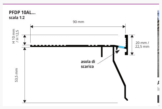Proterrace Drain FDP Alluminio verniciato Beige RAL 1019 goffrato - schema tecnico 10 e 12,5 mm
