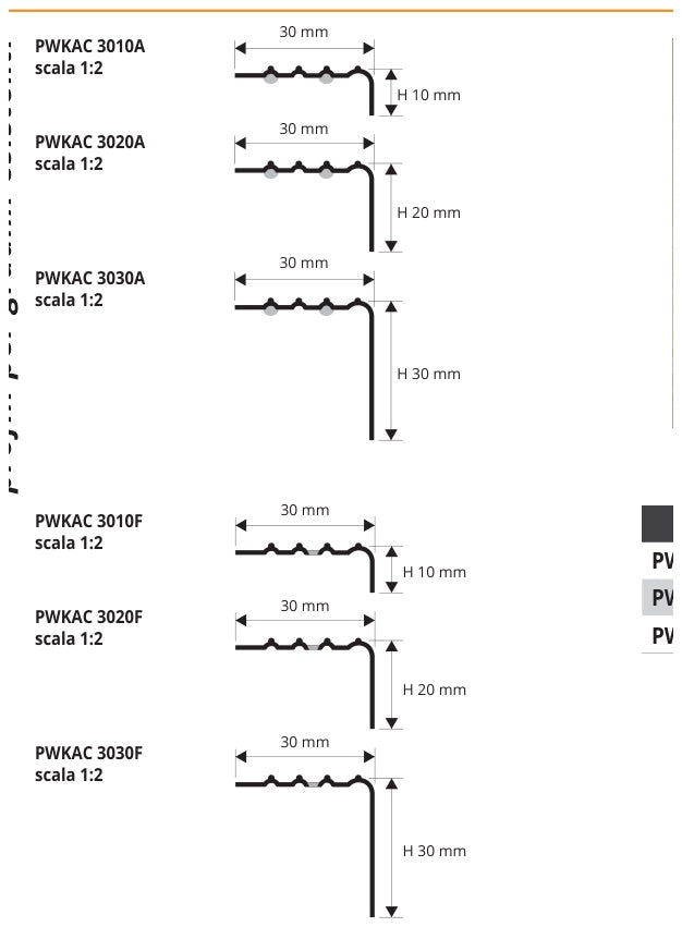 Prowalk ACC - disegno tecnico misure 30 x 10, 30 x 20 e 30 x 30 mm