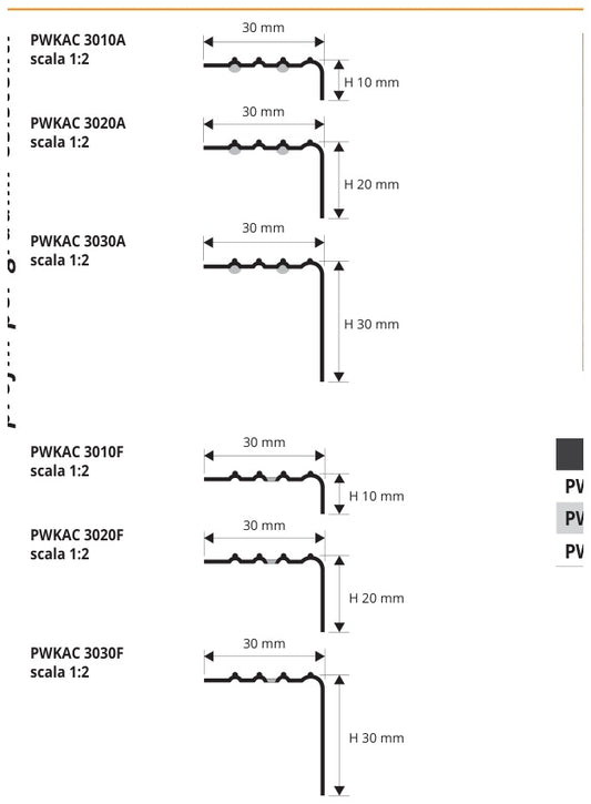 Prowalk ACC - disegno tecnico misure 30 x 10, 30 x 20 e 30 x 30 mm