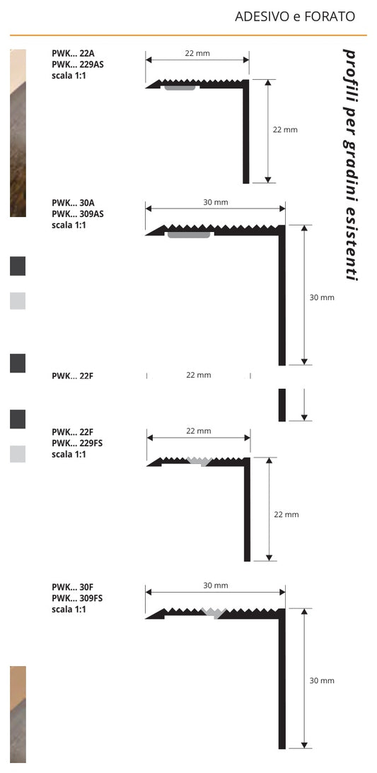 Prowalk - schema tecnico 22 x 22 e 30 x 30 mm, versioni adesiva, forata e non forata