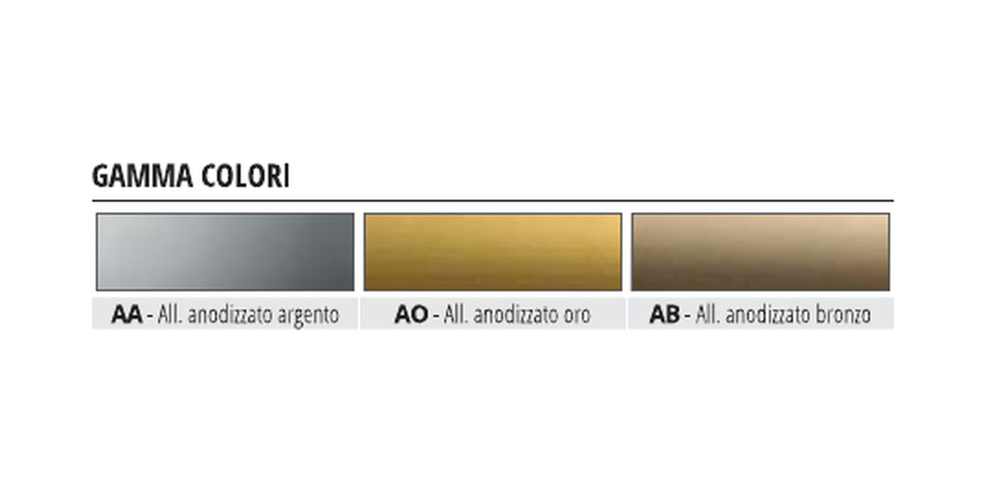 Proend INS - gamma colori: alluminio anodizzato argento AA, oro AO e bronzo AB
