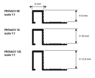 Profinal Curve PRFAACV - disegno tecnico spessori 8, 10 e 12,5 mm