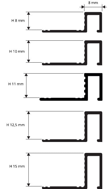Profinal ottone cromato - disegno tecnico spessori 8, 10, 11, 12,5 e 15 mm