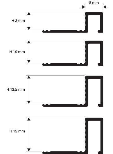 Profinal ottone naturale - disegno tecnico spessori 8, 10, 12,5 e 15 mm