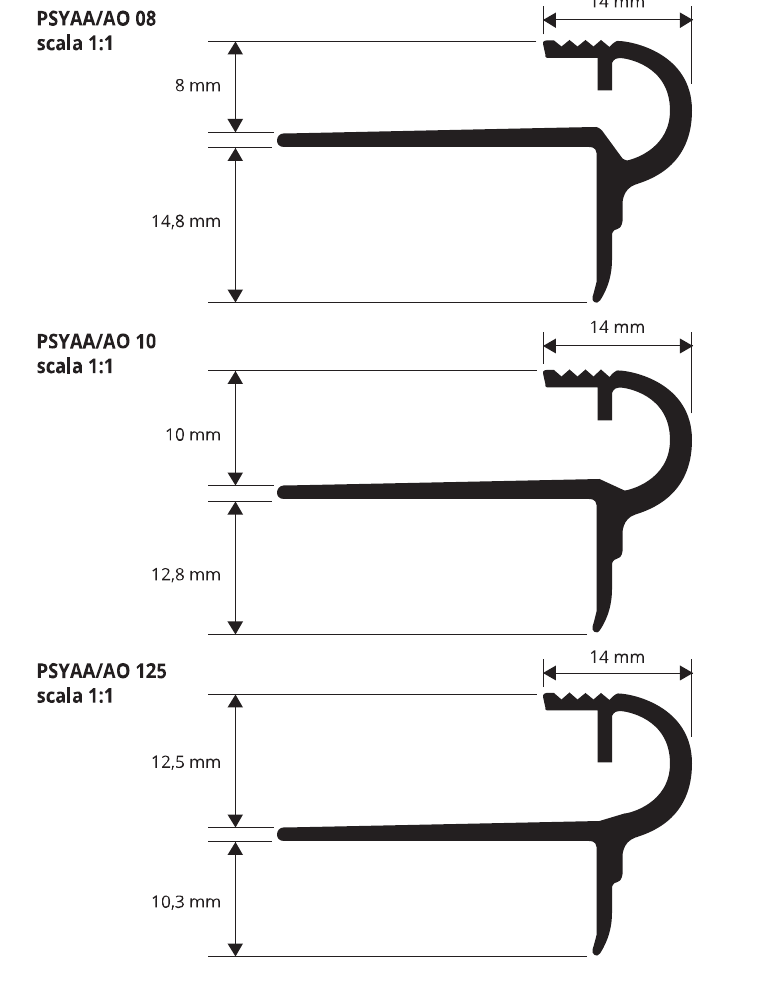 Prostyle Alluminio anodizzato oro - schema tecnico 8, 10 e 12,5 mm