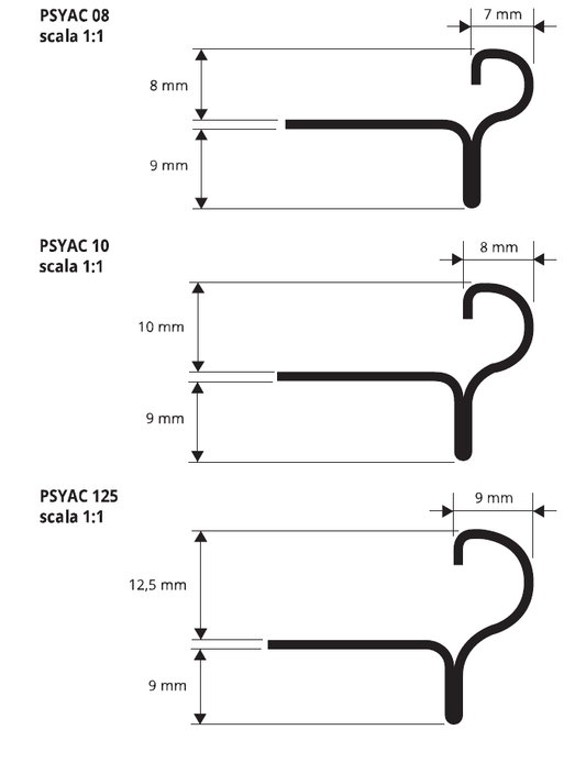 Prostyle Acciaio inox AISI 304 lucido - schema tecnico 8, 10 e 12,5 mm