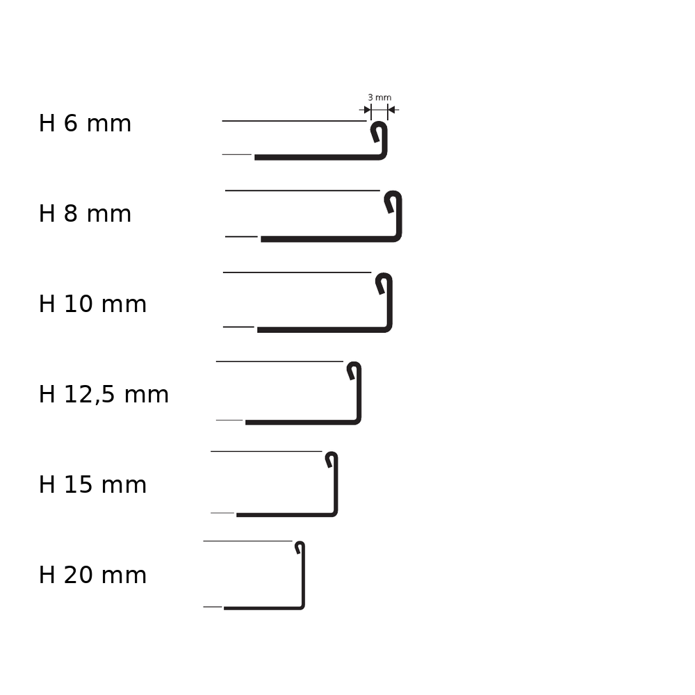 Proterminal Curve Acciaio inox AISI 304 lucido - schema tecnico 6, 8, 10, 12,5, 15 e 20 mm