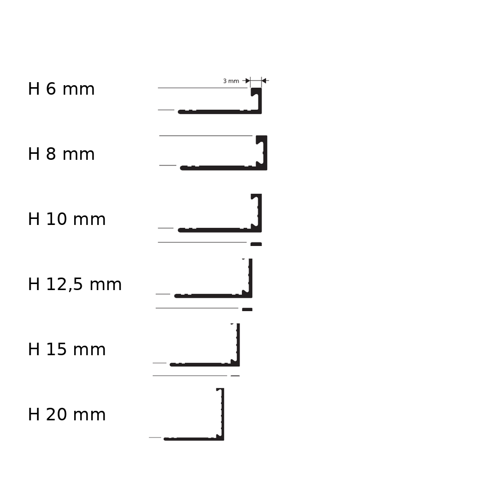 Proterminal Curve Alluminio naturale - schema tecnico 6, 8, 10, 12,5, 15 e 20 mm