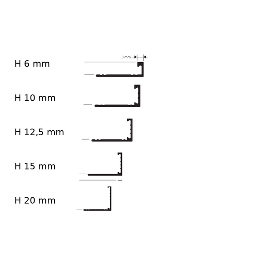 Proterminal Curve Ottone naturale - schema tecnico 6, 10, 12,5, 15 e 20 mm