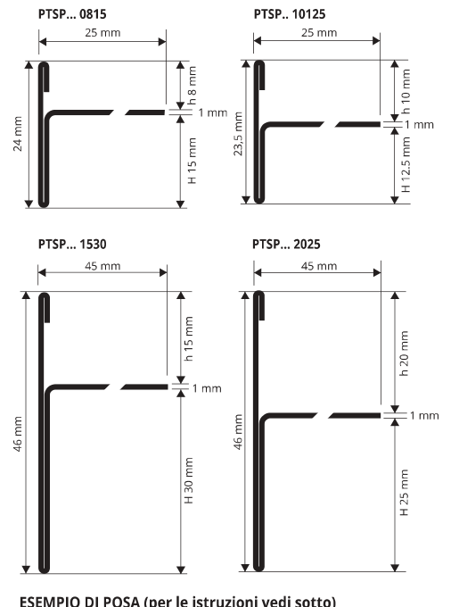 Protermstep Acciaio inox AISI 304 lucido - schema tecnico 08/15, 10/12,5, 15/30 e 20/25 mm