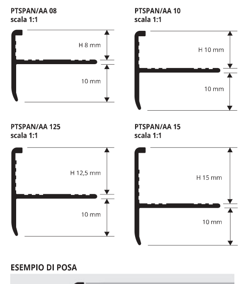 Protermstep Alluminio anodizzato argento - schema tecnico 8, 10, 12,5 e 15 mm