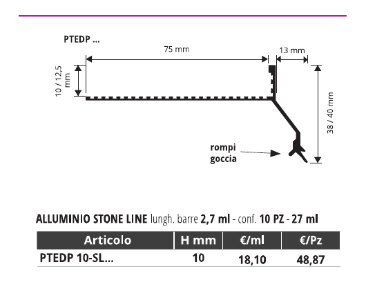 Proterrace Eco Drip Alluminio Stone Line Stone sand - schema tecnico H 10 mm