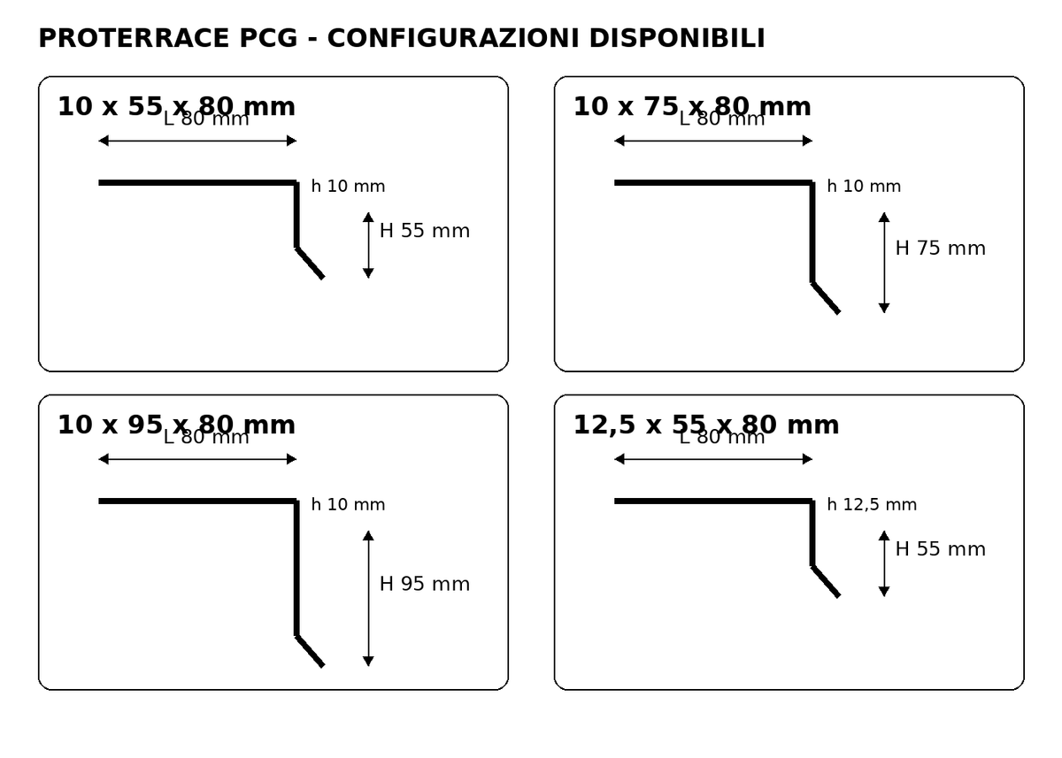 Proterrace PCG Acciaio inox AISI 304 lucido - configurazioni 10x55x80, 10x75x80, 10x95x80 e 12,5x55x80 mm