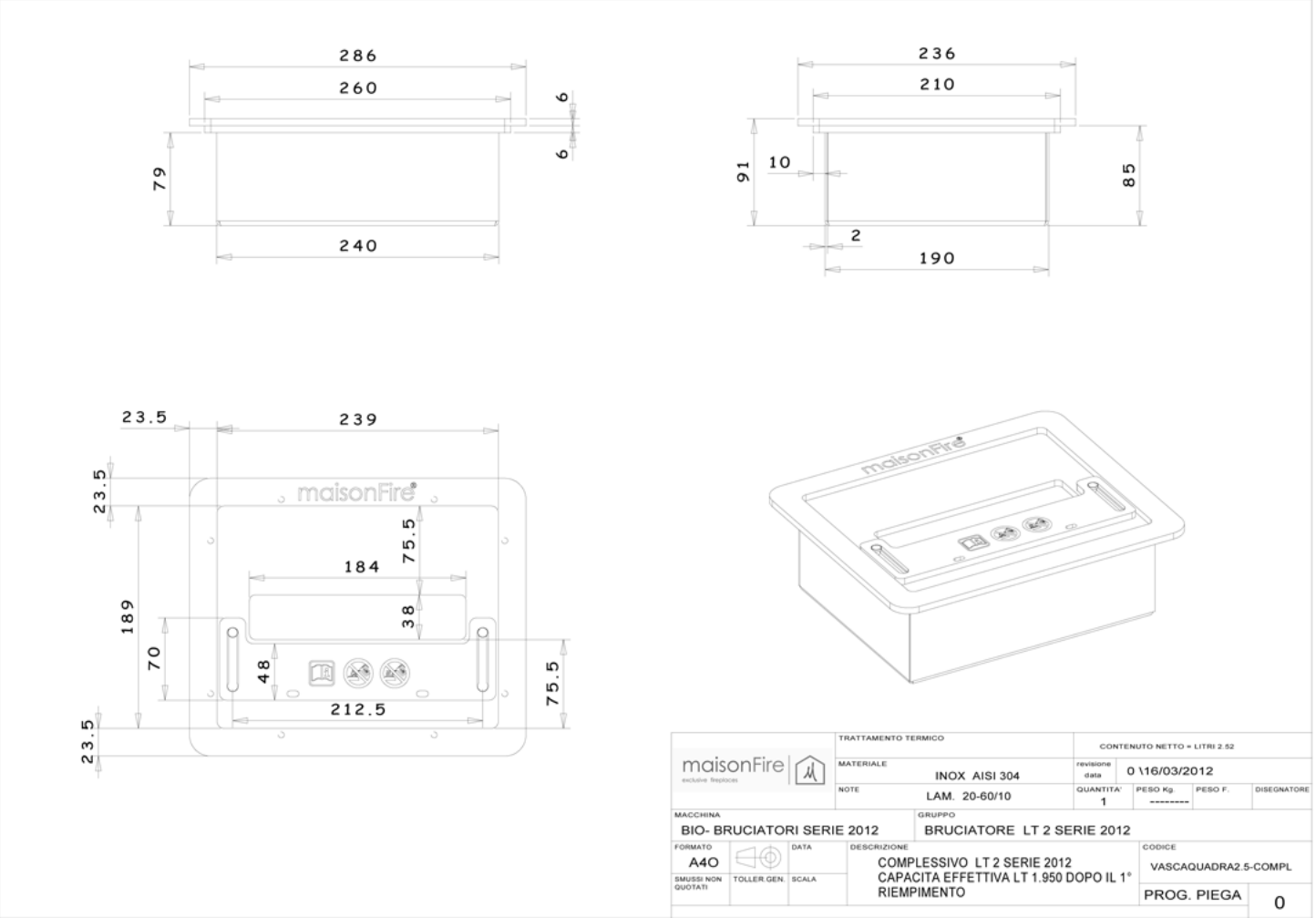 Bruciatore quadrato 28,6 cm maisonFire - Camini a Bioetanolo di maisonFire - Prezzo solo €634! Compra ora su CEGO CERAMICHE