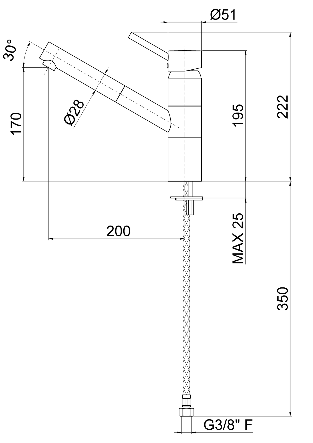 Disegno tecnico Vema V04520 - Miscelatore cucina Murray con canna girevole con doccetta estraibile