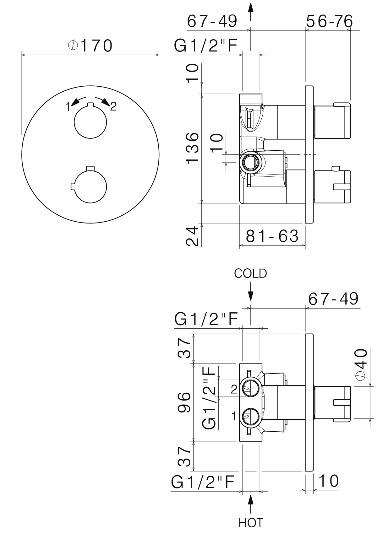 Disegno tecnico Vema V08110 - Miscelatore termostatico doccia Wellness Brass da incasso