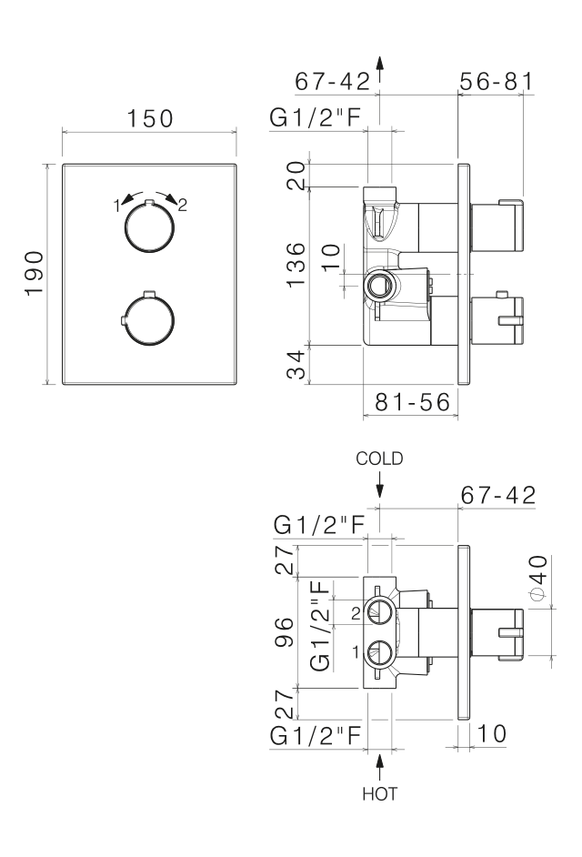 Disegno tecnico Vema V08111 - Miscelatore termostatico doccia Wellness Brass da incasso