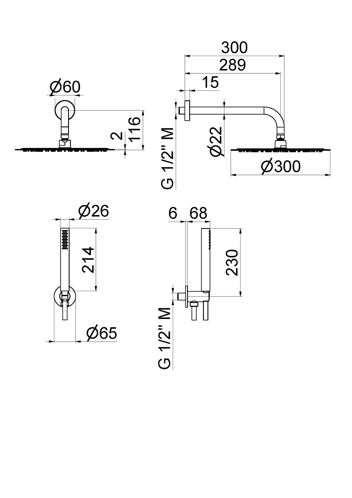 Disegno tecnico Vema V08136 - Kit doccia tondo 300 mm