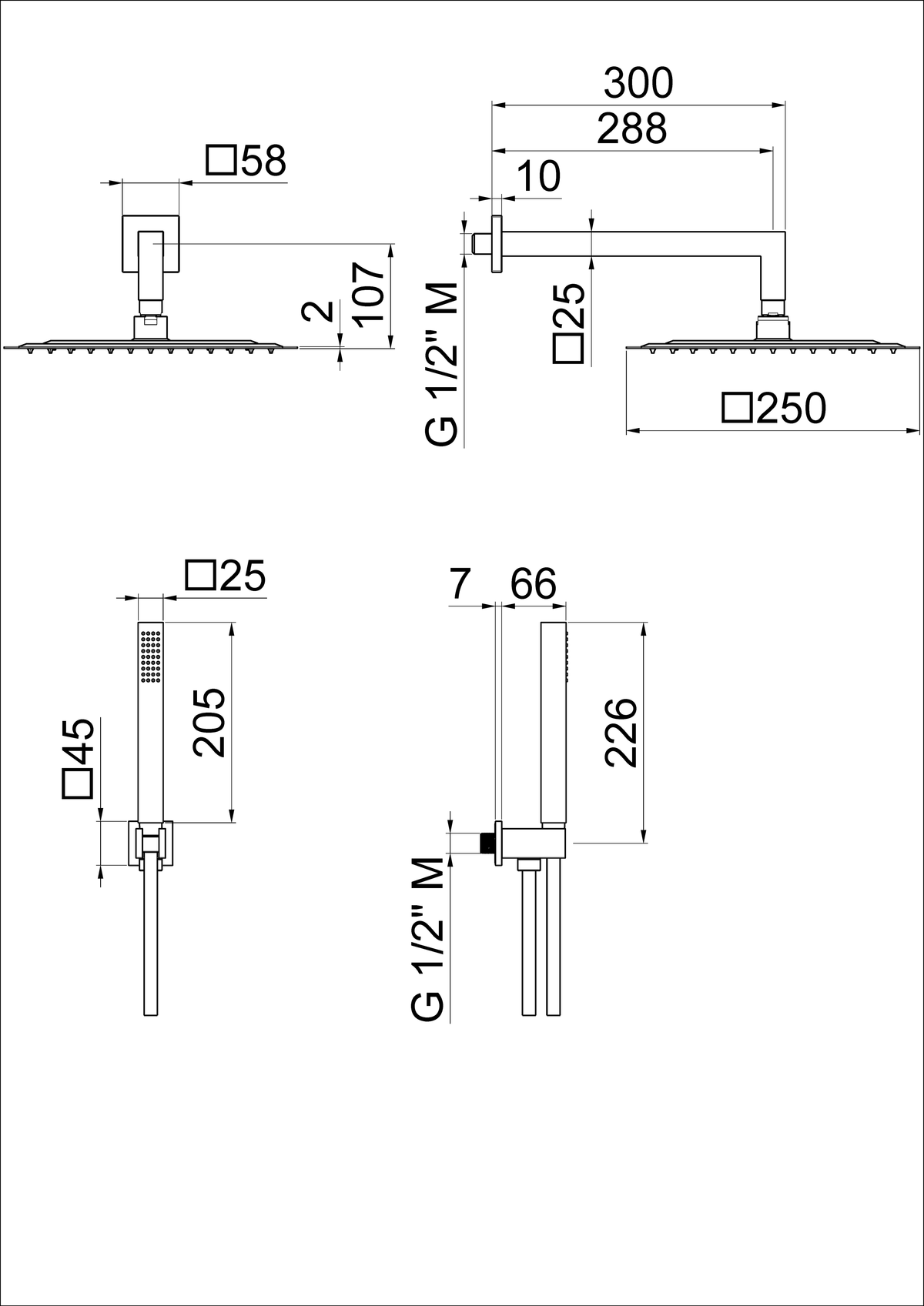 Disegno tecnico Vema V08138 - Kit doccia Wellness Brass quadro 250x250 mm