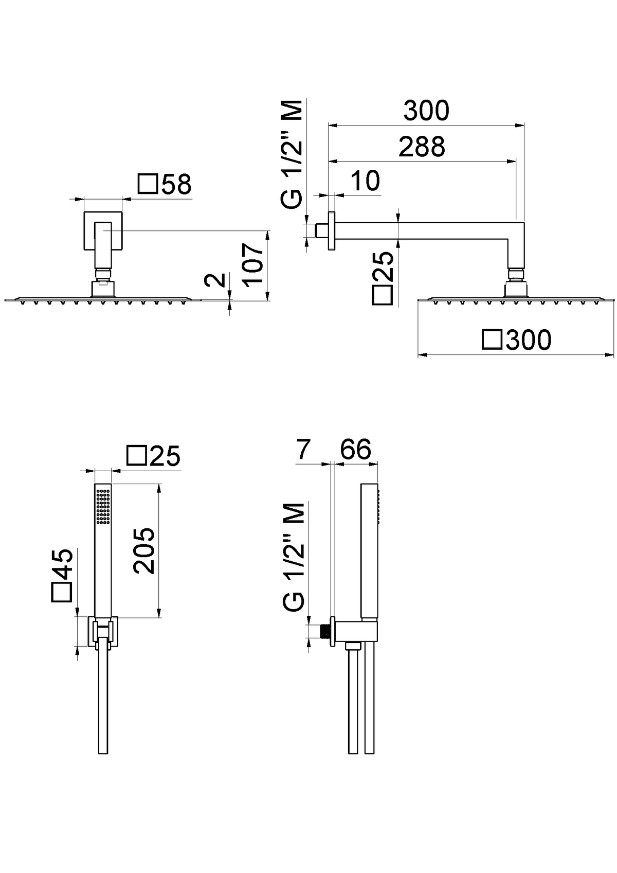 Disegno tecnico Vema V08139 - Kit doccia Wellness Brass quadro 300 mm