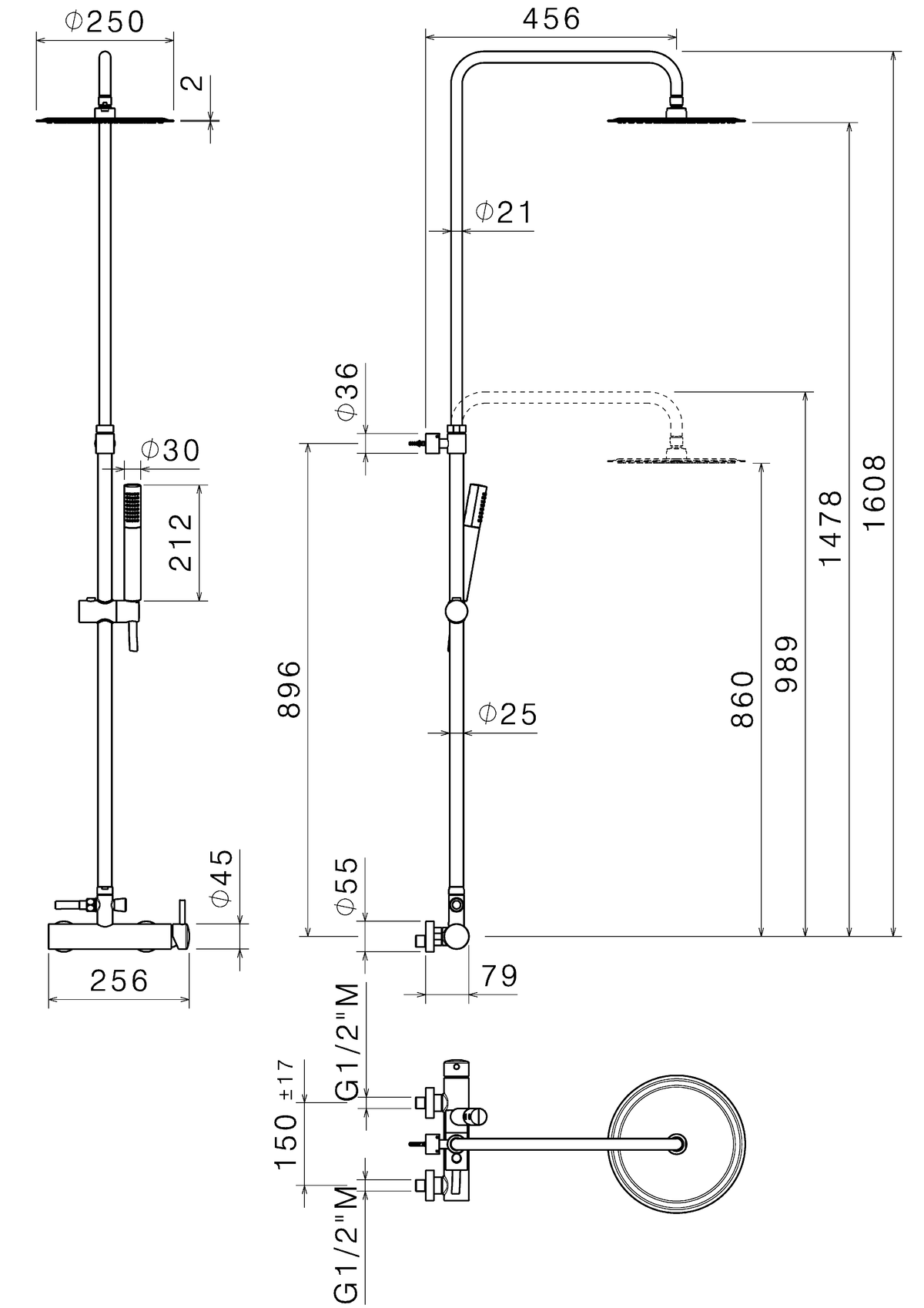 Disegno tecnico Vema V08228 - Colonna doccia Wellness Brass a parete tondo