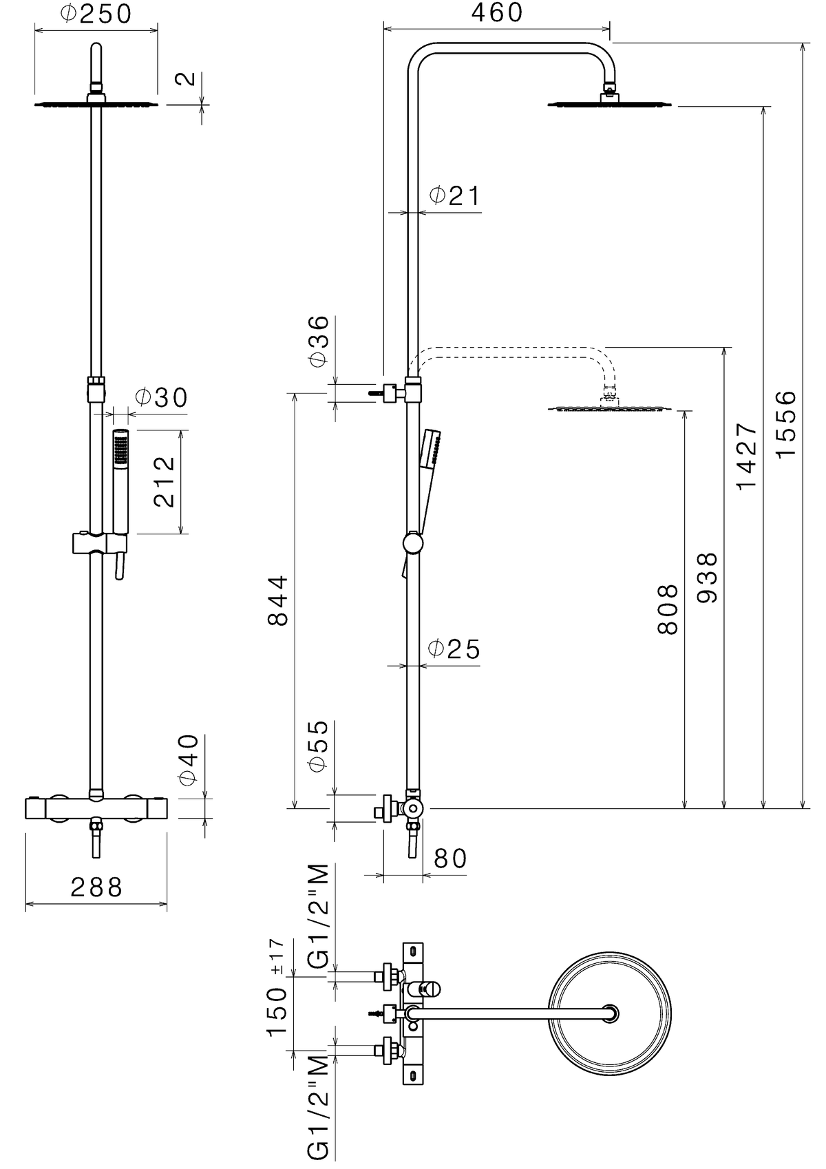 Disegno tecnico Vema V08230 - Colonna doccia Wellness Brass a parete termostatico tondo 250x250 mm