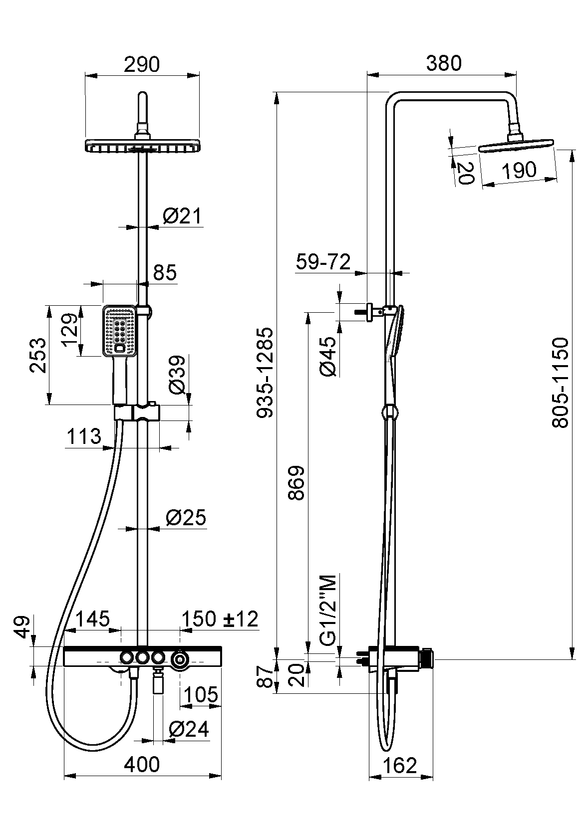 Disegno tecnico Vema V08232 - Colonna doccia Wellness Brass a parete termostatico quadro