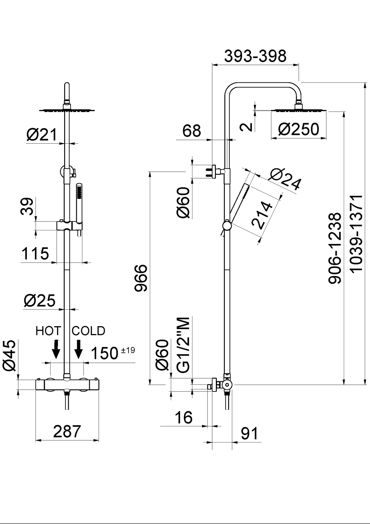 Disegno tecnico Vema V08233 - Colonna doccia Wellness Steel a parete termostatico tondo