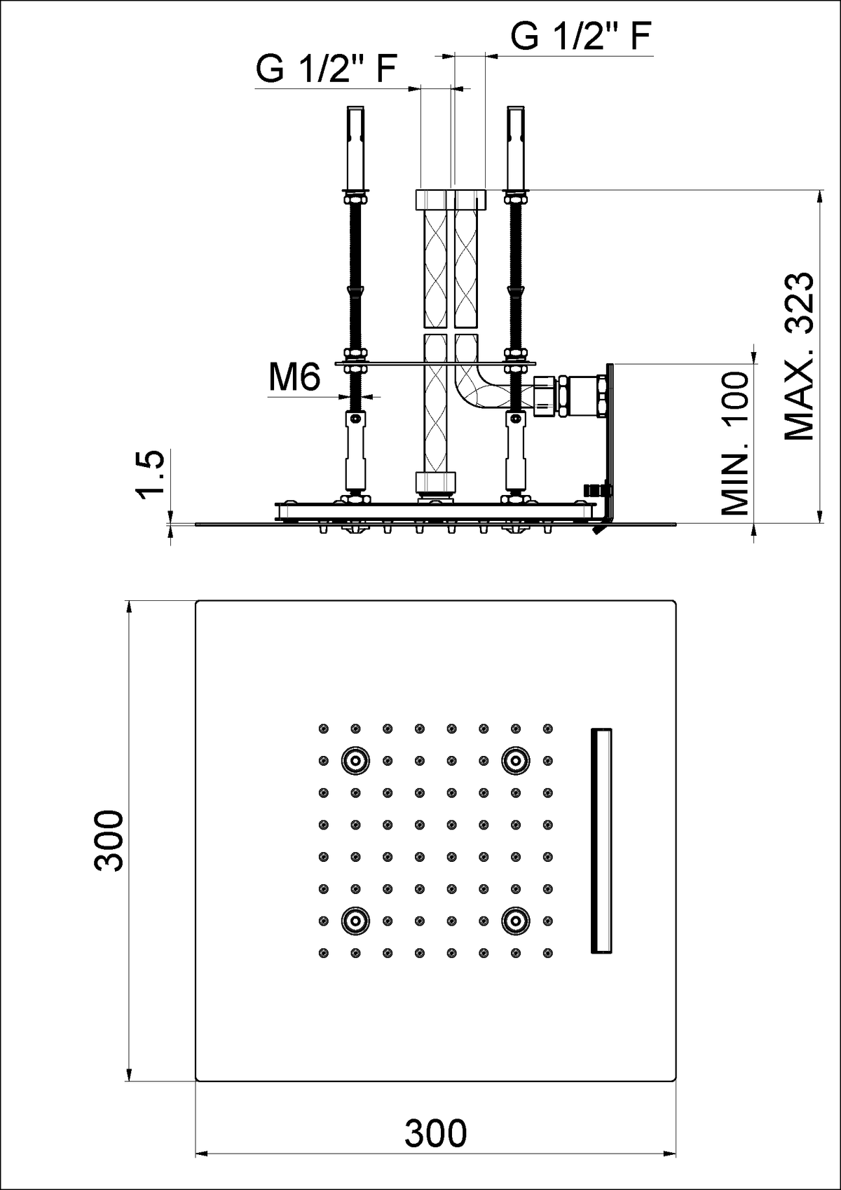 Disegno tecnico Vema V08275 - Soffione doccia da incasso ultraslim quadro 300x300 mm
