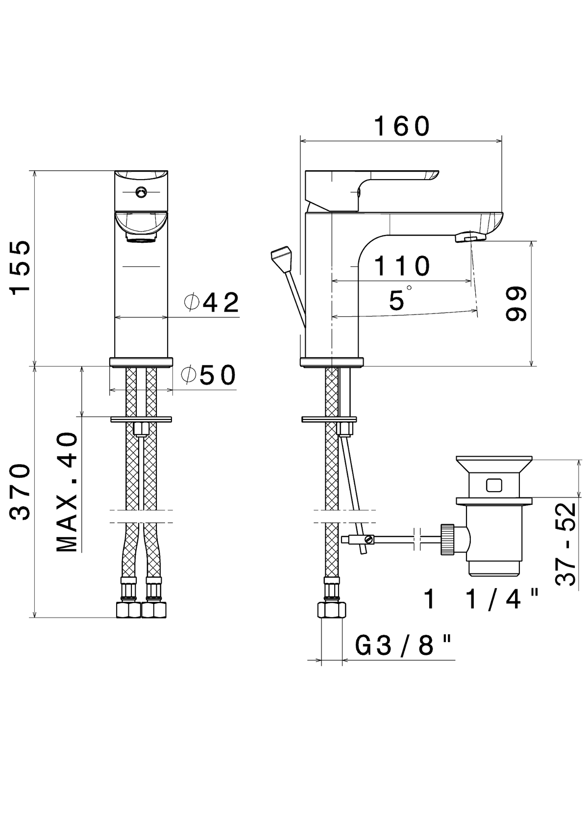 Disegno tecnico Vema V14010 - Miscelatore lavabo Slate con scarico
