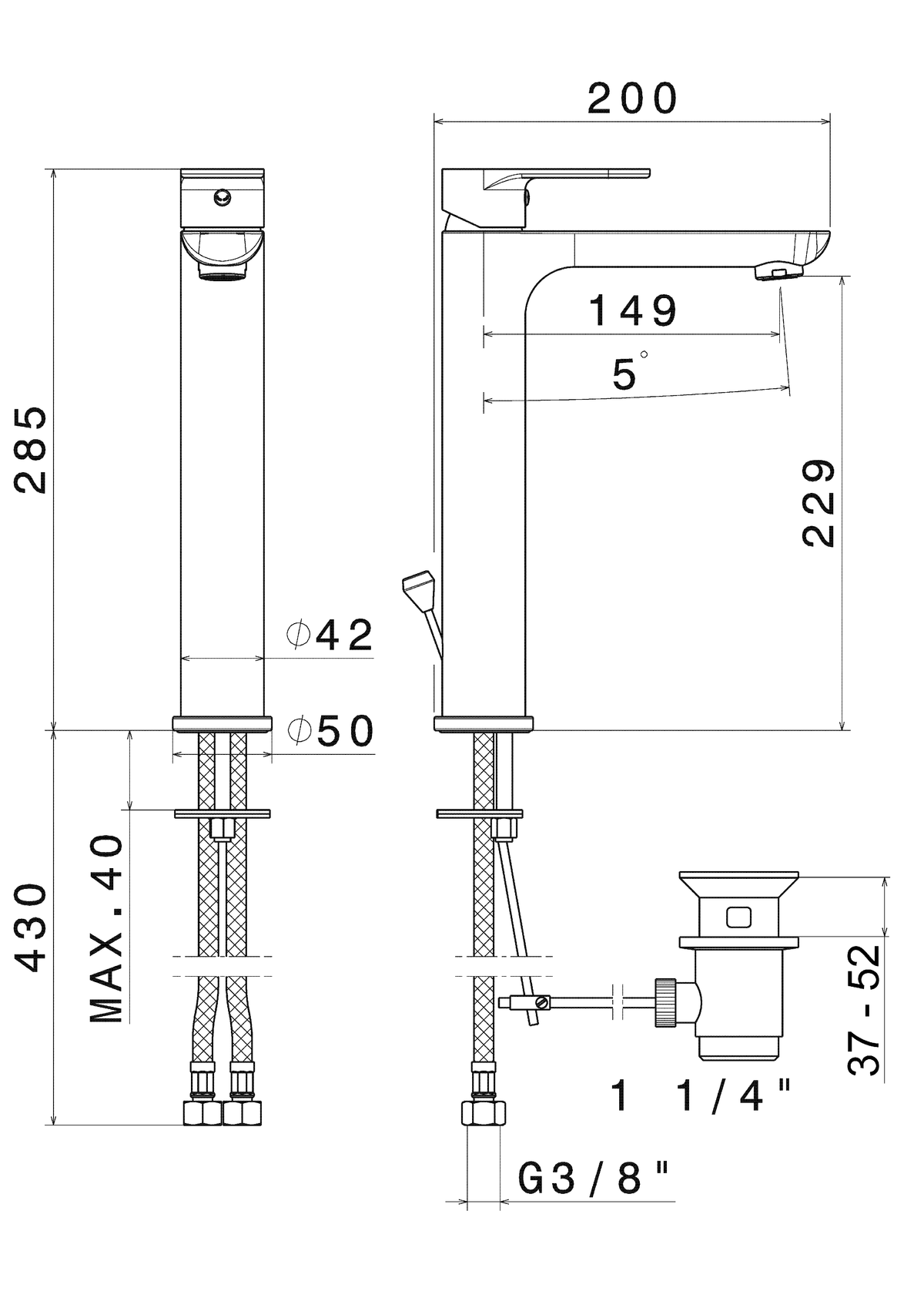 Disegno tecnico Vema V14020 - Miscelatore lavabo Slate alto con scarico