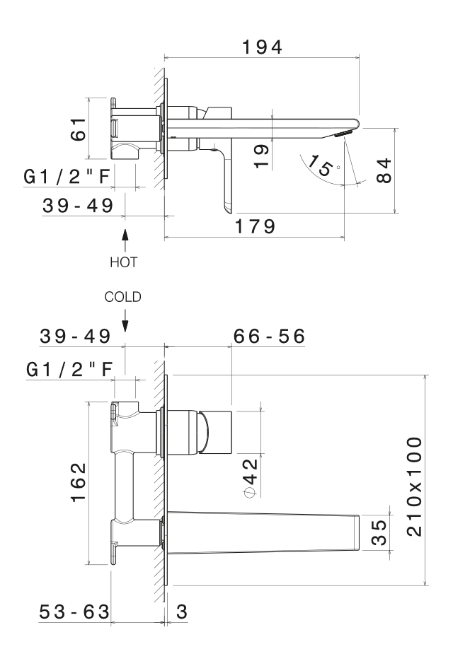 Disegno tecnico Vema V14050 - Miscelatore lavabo Slate a parete senza scarico 180 mm