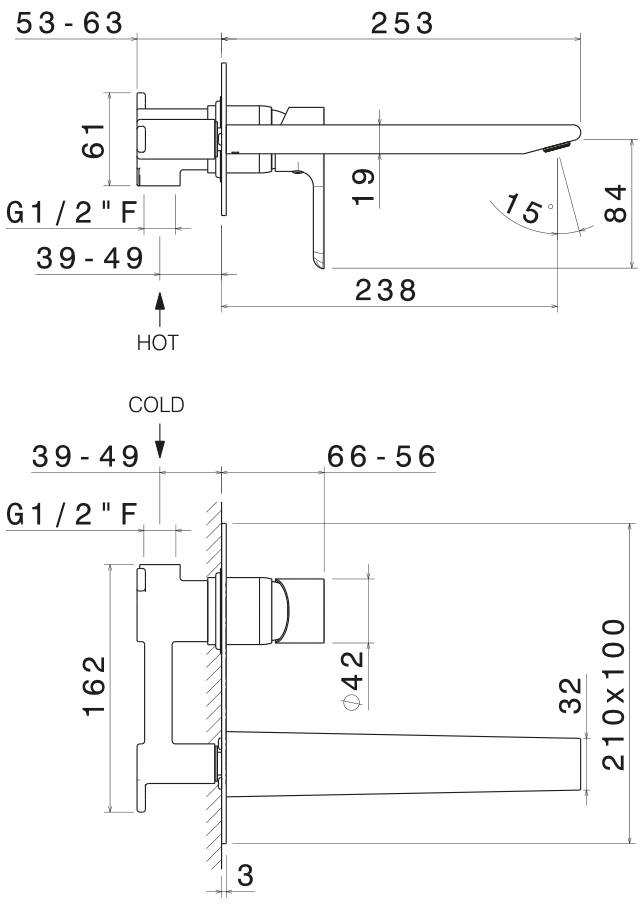 Disegno tecnico Vema V14051 - Miscelatore lavabo Slate a parete senza scarico 240 mm