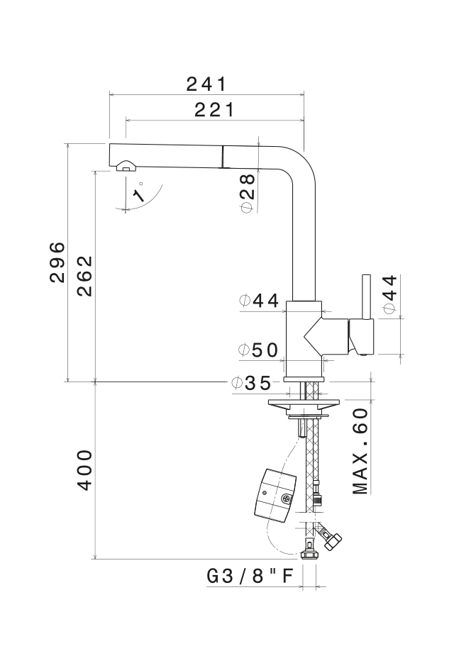 Disegno tecnico Vema V15025 - Miscelatore cucina Riace con doccetta estraibile