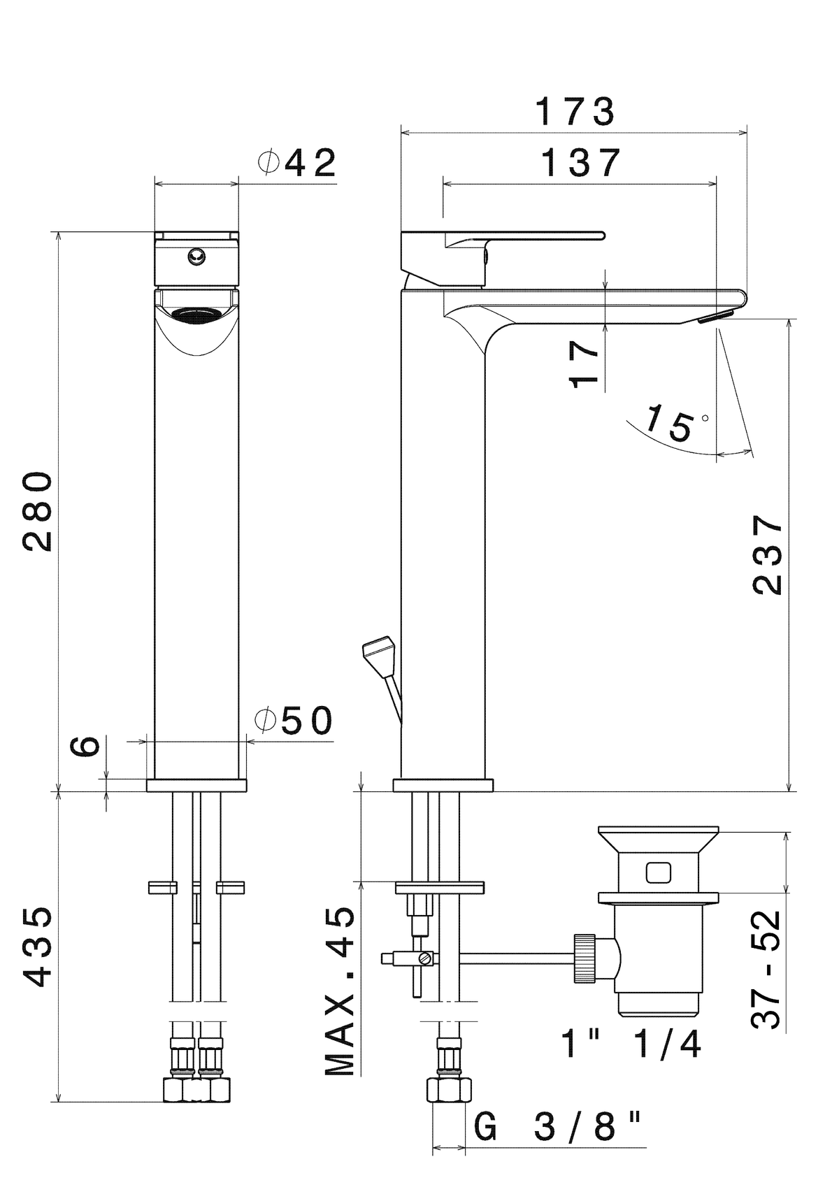 Disegno tecnico Vema V16020 - Miscelatore lavabo Timea alto con scarico