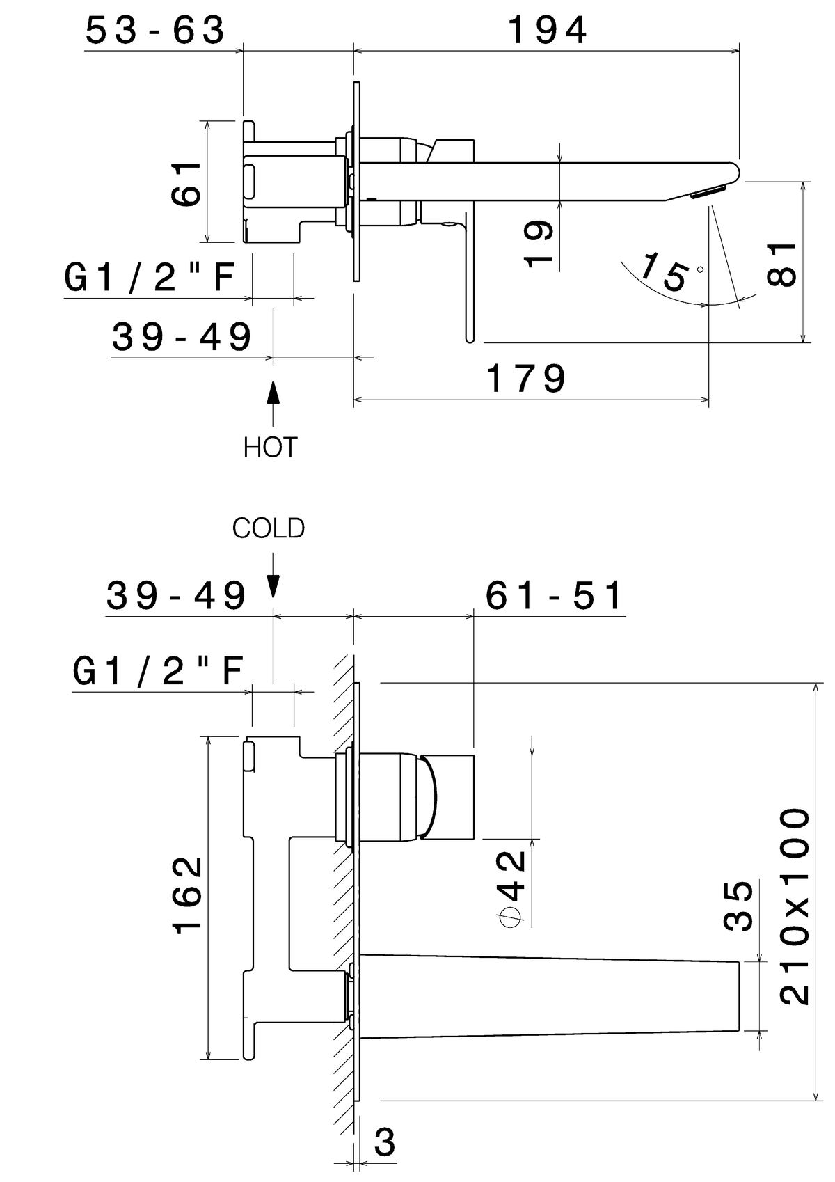 Disegno tecnico Vema V16050 - Miscelatore lavabo Timea a parete senza scarico 180 mm