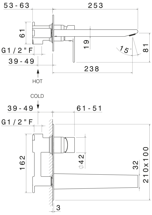 Disegno tecnico Vema V16051 - Miscelatore lavabo Timea a parete senza scarico 240 mm