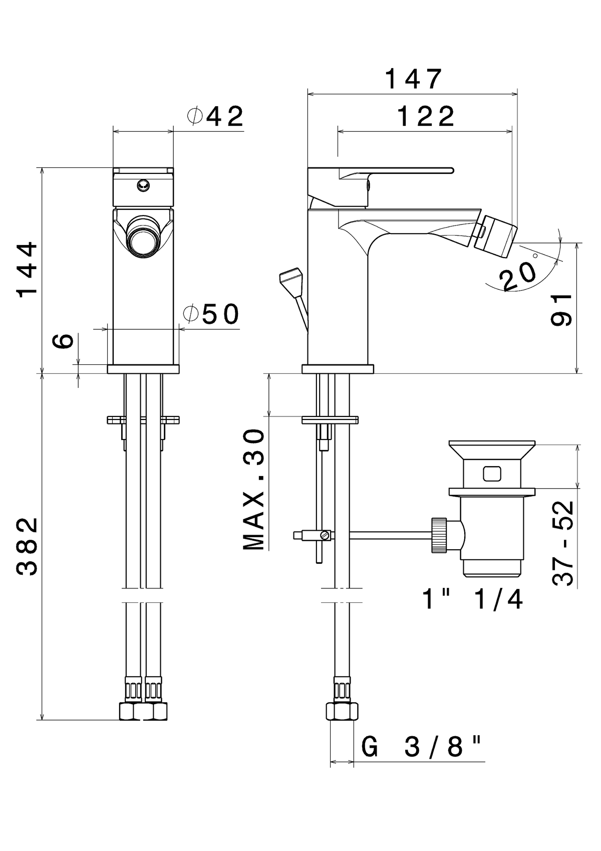 Disegno tecnico Vema V16070 - Miscelatore bidet Timea con scarico