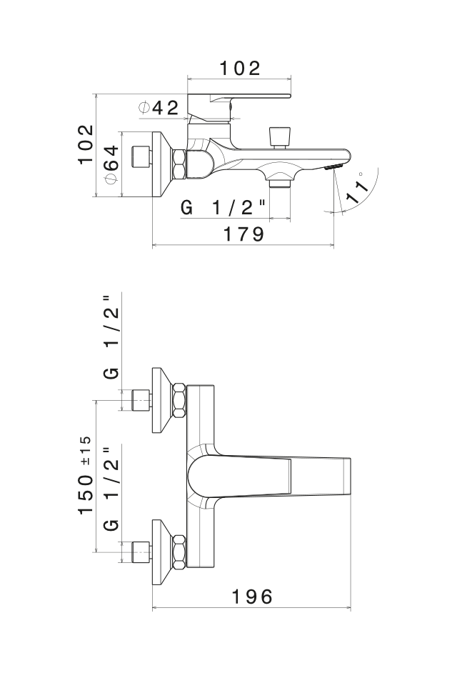 Disegno tecnico Vema V16080 - Miscelatore vasca Timea esterno