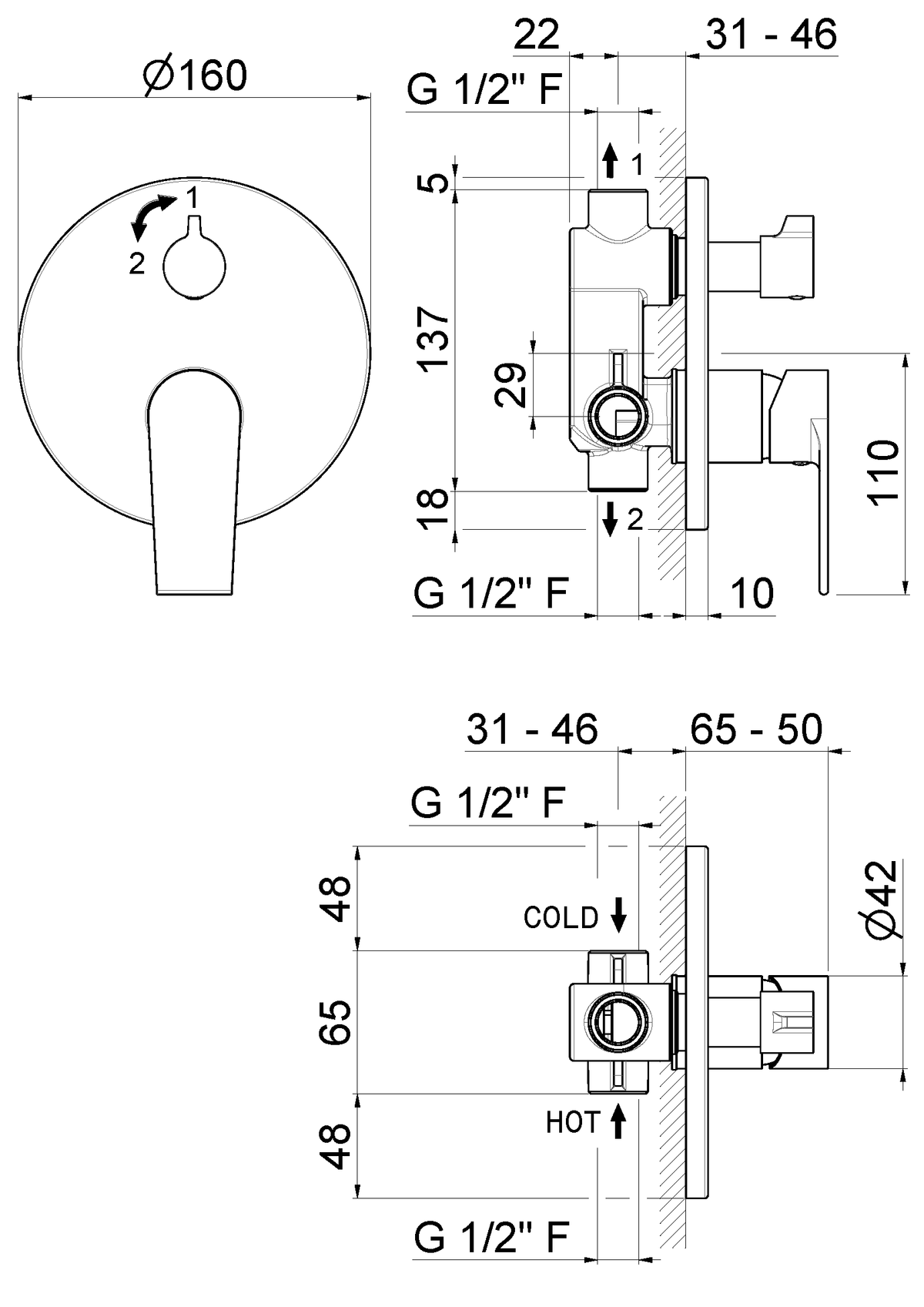 Disegno tecnico Vema V16142 - Miscelatore vasca Timea da incasso