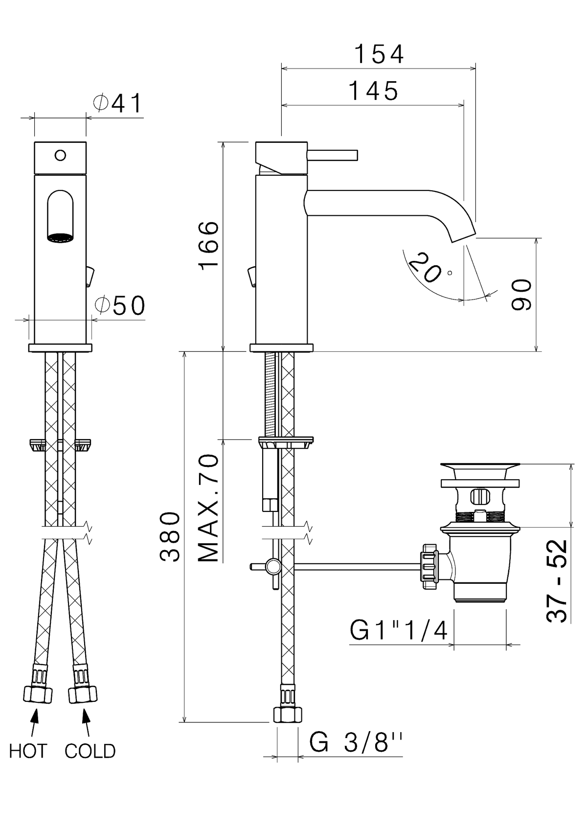 Disegno tecnico Vema V17010 - Miscelatore lavabo Tiber Steel con scarico